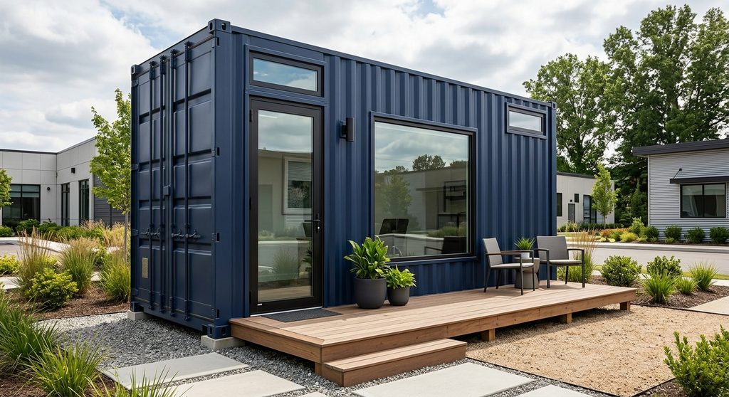 Escritório moderno construído em container marítimo azul