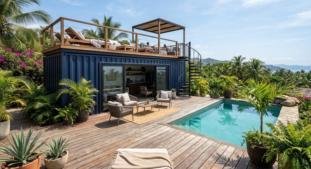 Espaço de lazer com deck construído em container marítimo